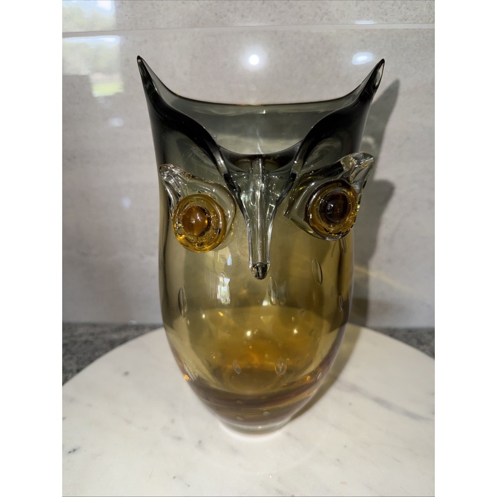 MOUTH BLOWN Amber Gray Vase OWL Shape LARGE 9"Tx5"w THICK BASE Bubbled